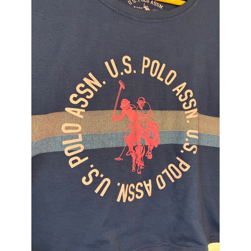 U.S. Polo Assn. T-Shirt Womens XL Navy Blue Graphic Logo Crop Top RN 93010 - Picture 2 of 7